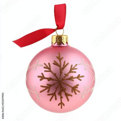 Matte pink christmas ornament with gold snowflake design and red ribbon isolated on white background