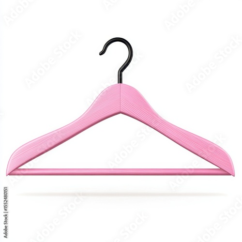 A single pink wooden clothes hanger with a black hook isolated on white background