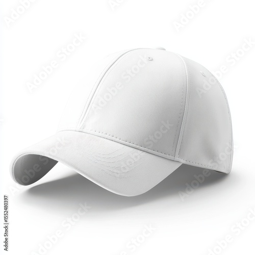 Plain white baseball cap with curved brim isolated on white background