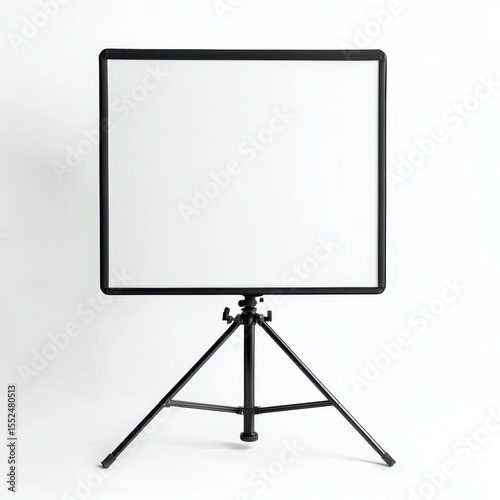 Empty white screen on a black tripod stand isolated on white background