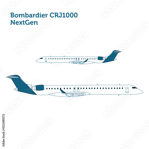 Side View of Bombardier CRJ1000 NextGen Regional Jet Aircraft with Rear-Mounted Engines and Long Fuselage