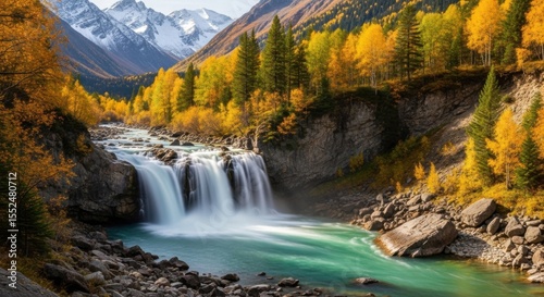 Breathtaking Autumn Waterfall Flowing Through Golden Forest Mountains