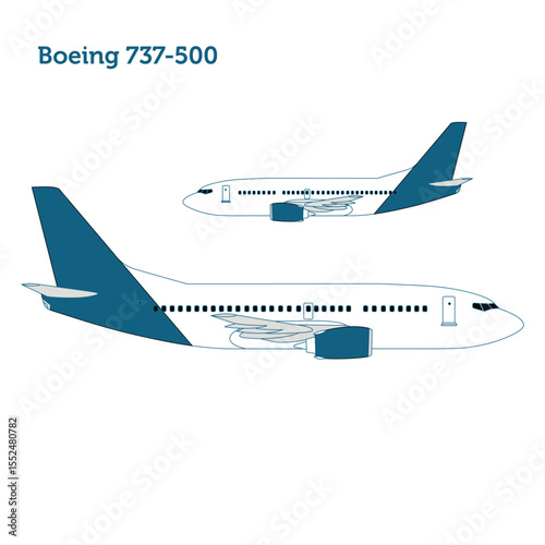 Detailed Side Drawing of Boeing 737-500 Compact Jetliner Designed for Regional and Short-Haul Airline Routes