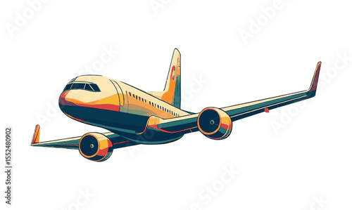 Colorful Vector Illustration of Commercial Jet Airplane Flying in Stylized Pop Art Design with Smooth Gradient Tones