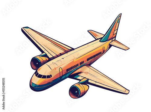 High Detail Illustration of Jet Airplane in Takeoff Position with Bold Shading and Stylized Technical Aesthetic