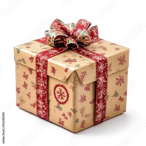 Festive christmas gift box wrapped in kraft paper with red ribbon and snowflake pattern isolated on white background