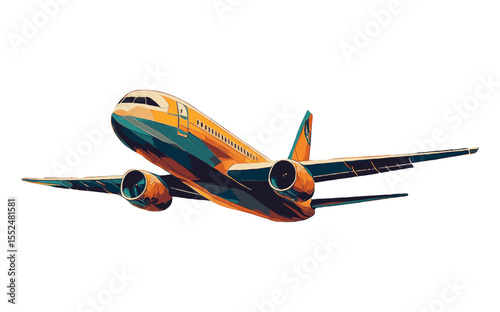 High Detail Illustration of Jet Airplane in Takeoff Position with Bold Shading and Stylized Technical Aesthetic