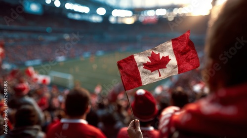 Canada football supporter on stadium. Canadian fans on soccer or hockey pitch watching team play. Group of supporters with flag and national jersey cheering for Canada. Championship game
