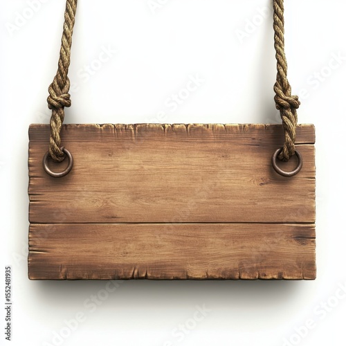 Rustic wooden sign hanging by thick rope and metal rings isolated on white background