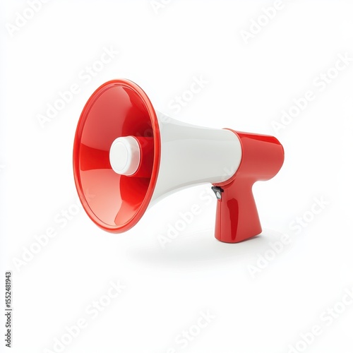 Red and white megaphone with a button on its side isolated on white background
