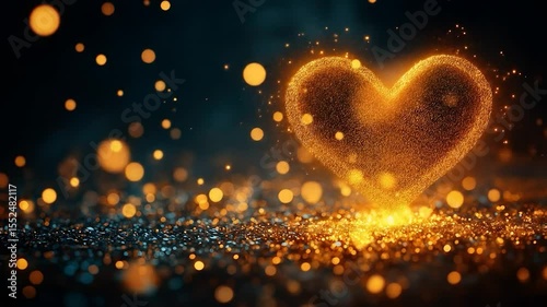 Glowing Heart: A luminous heart symbol radiates warmth and affection, surrounded by sparkling bokeh, against a backdrop of dark and textured surfaces