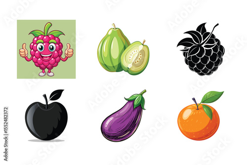 Assorted fruits and vegetables illustrations featuring a happy raspberry and various healthy food items
