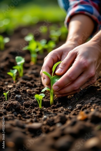 a person is in the process of planting seedlings in a field. the individual is handling soil and plants while standing close to rows of freshly planted crops.