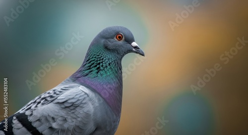 Close up portrait of a common city pigeon showing its iridescent neck feathers and keen eye in soft natural light