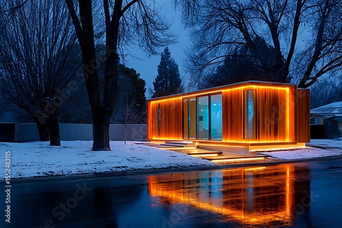 Modern Tiny Home at Night in Snow
