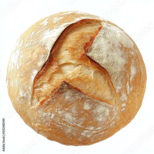 Top view of a rustic round loaf of bread with a golden crust and airy crumb isolated on white background