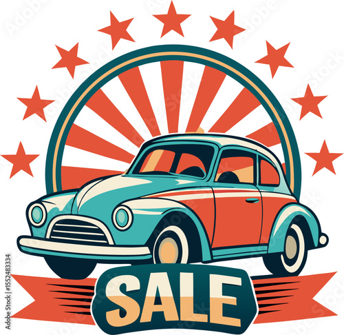Bright retro-style illustration of a car sale event flyer with white background.