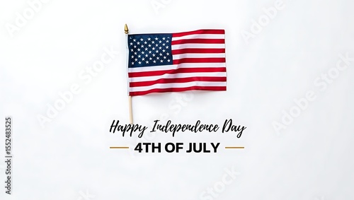 Minimalist 'Happy Independence Day 4th of July' Greeting with Small American Flag on White Background