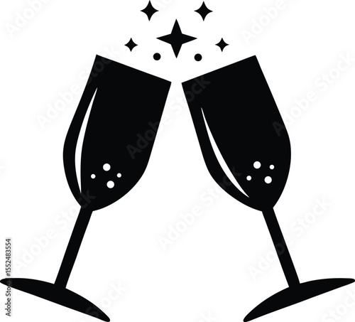 Champagne glasses clinking vector art silhouette, clinking champagne glasses silhouette vector drawing
