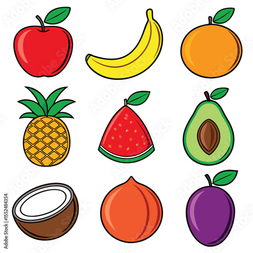 Colorful and vibrant assortment of delicious fresh fruits illustrated in cartoon vector style