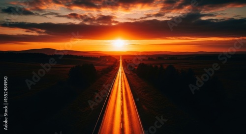 Golden highway stretches towards the fiery sunset under dramatic clouds