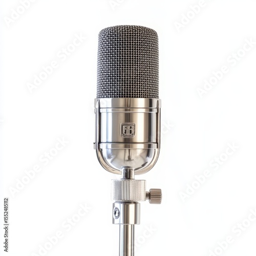Vintage style condenser microphone with a polished metal body isolated on white background