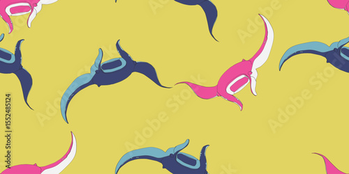 Seamless pattern with silhouette of mantas on a blue, yellow and white background. Vector wallpaper with sea animals.