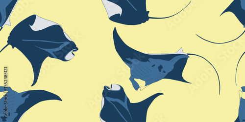 Seamless pattern with silhouette of mantas on a blue, yellow and white background. Vector wallpaper with sea animals.