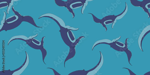 Seamless pattern with silhouette of mantas on a blue, yellow and white background. Vector wallpaper with sea animals.