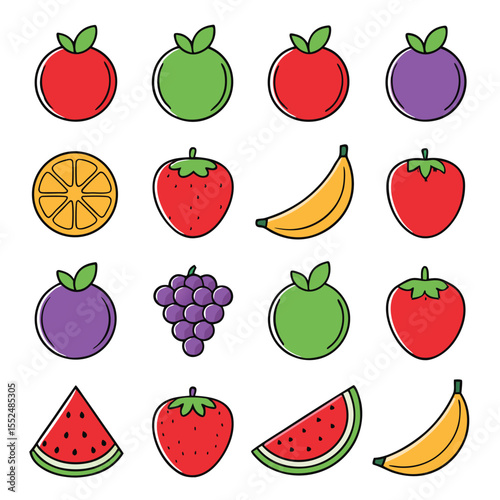 Colorful flat design illustration of various healthy and delicious fruits arranged on white