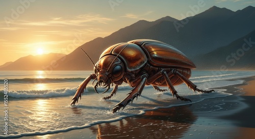 Giant Metallic Beetle Explores a Serene Beach at Sunset Amidst Majestic Mountains