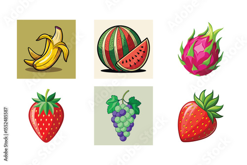 Colorful illustrations of assorted fruits including banana watermelon dragon fruit grapes and strawberries.