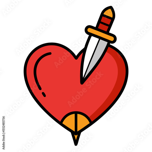 Red heart pierced by dagger vector icon on white background.