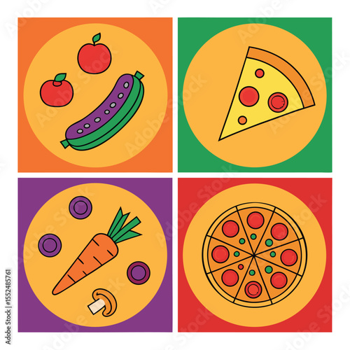 Colorful vector illustration of pizza and various fruits and vegetables for menu design