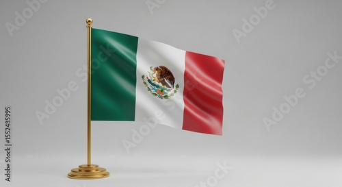 Mexico National Flag Waving on Golden Pole with White Background