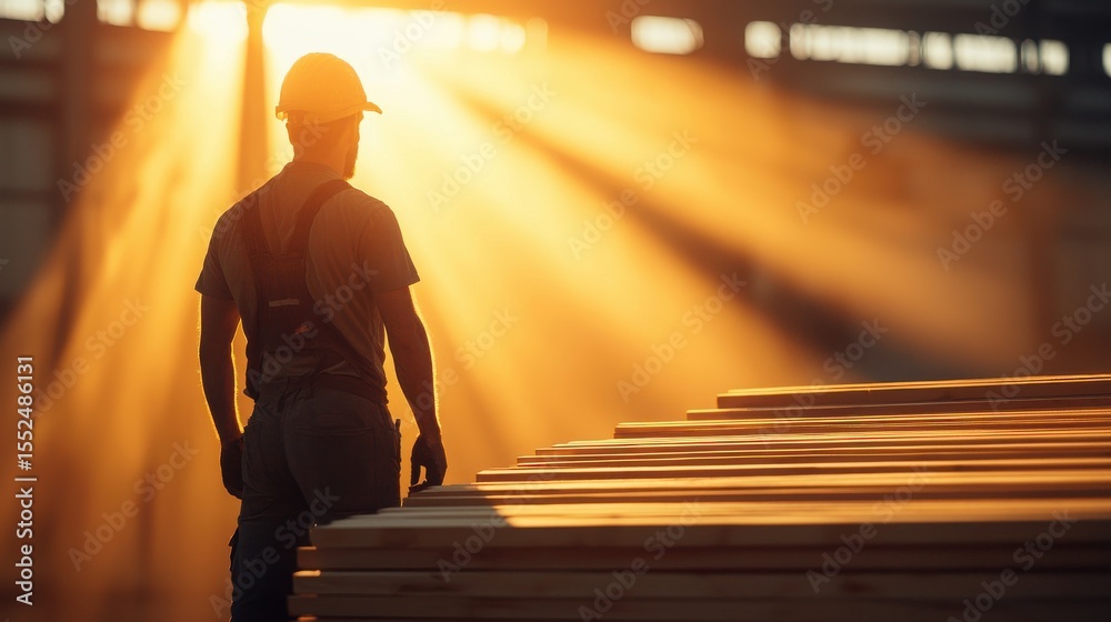 Fototapeta premium Most Cultural Experience Concept. Silhouette of Worker in Hard Hat Overlooking Lumber During Golden Hour in Industrial Setting