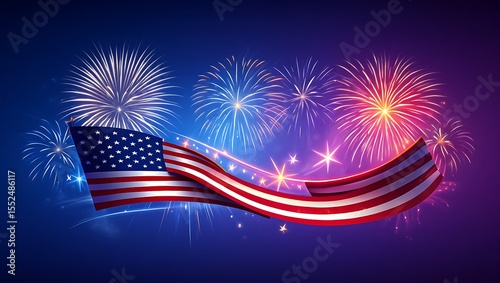 Vibrant American Flag Banner Waving with Sparkling Fireworks and Stars on a Gradient Blue Night Sky, Ideal for Patriotic Celebrations
