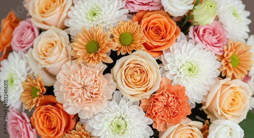 A vibrant and colorful bouquet of fresh flowers in various shades of orange pink and white