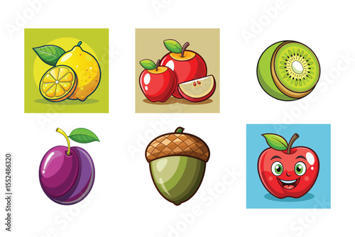 Delightful cartoon illustrations of various fresh fruits and a nut with charming visuals