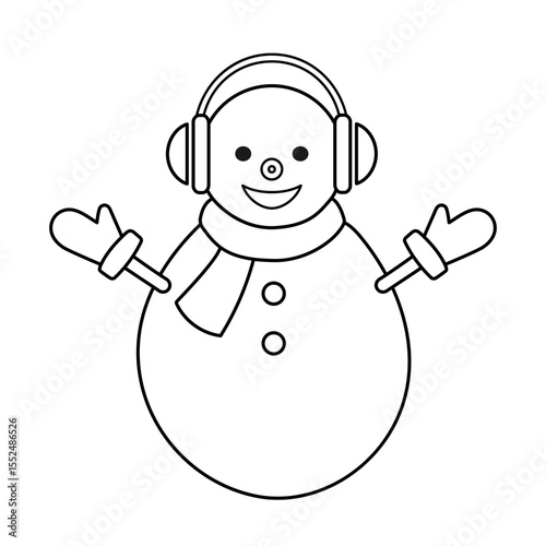 Outline drawing of snowman isolated on a white background. Linear icon, vector illustration. Funny snowman with headphones.