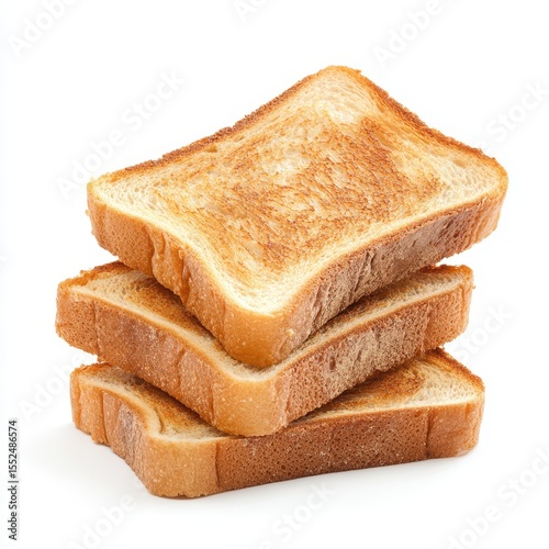 Stack of three golden brown toasted bread slices isolated on white background