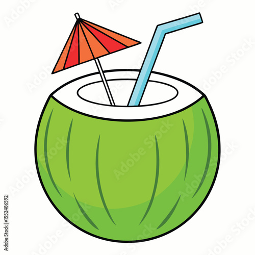 Fresh coconut drink with straw and umbrella for tropical summer beverages and refreshment