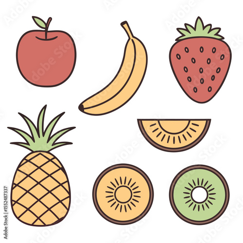 Set of colorful cartoon fruits including pineapple apple banana kiwi and strawberry