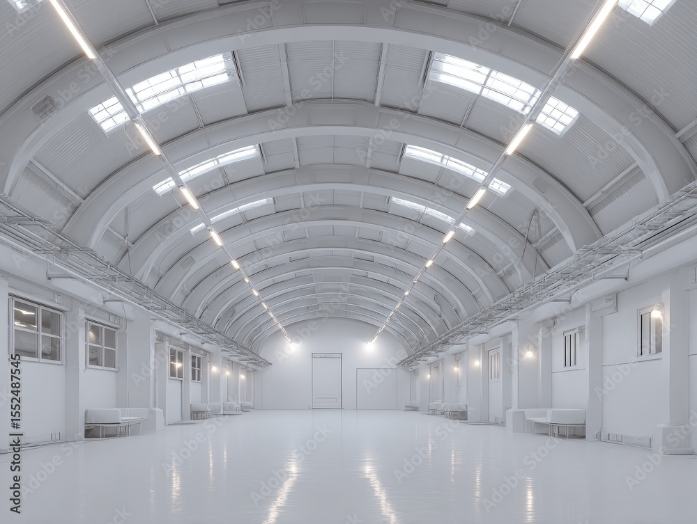 Obraz premium A vast, white, arched-ceiling industrial space with evenly spaced doorways and bright, linear lighting. The polished floor reflects the light