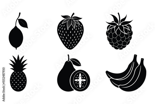 Vector illustration of black and white silhouettes of assorted fresh fruits and their varieties