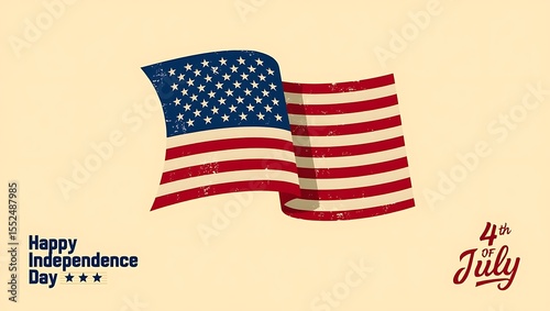 Vintage Style 'Happy Independence Day 4th of July' Greeting with Distressed American Flag on a Cream Background