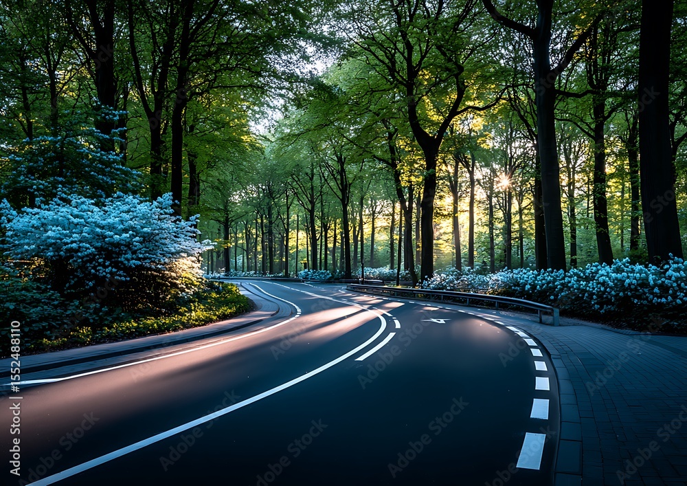 Fototapeta premium Winding road through a sunlit forest
