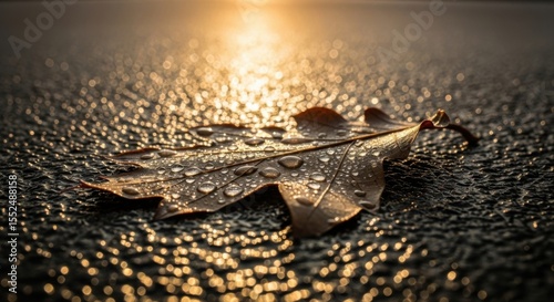 Golden Sunlight on a Wet Autumn Leaf Covered in Dew Drops