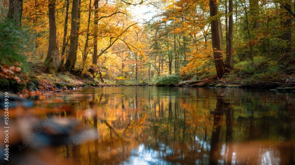 Fototapeta premium Reflections In A River Flowing Through An Autumn Forest
