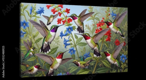 A Flurry of Tiny Wonders Hummingbirds in a Lush Garden